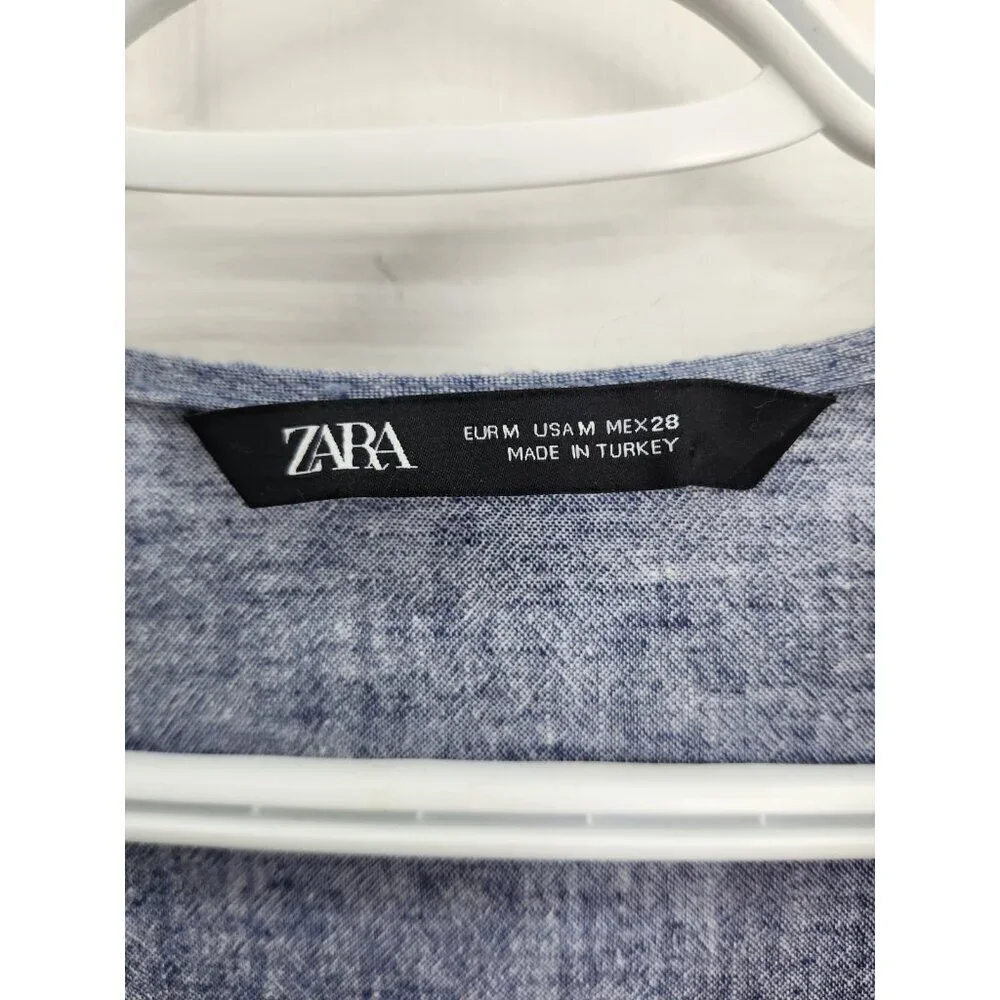 Zara Woman Sz Med  Soft Blue Chambray Fabric Tied Sleeves Casual Sophisticated - Picture 3 of 8